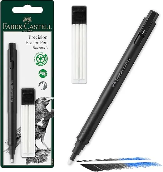 Faber-Castell Precision Eraser Pen & 4 Count Refill Set - Ergonomic Retractable Eraser Pen, Mechanical Pencil Eraser, Artist Eraser for Drawing, Art Erasers for Beginners & Professionals