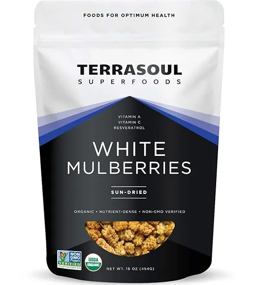 Terrasoul Superfoods Organic Sun-dried White Mulberries, 16 Oz, Sweet Superfood Snacking, Smoothie Booster, and Nutrient-Packed Yogurt Topping