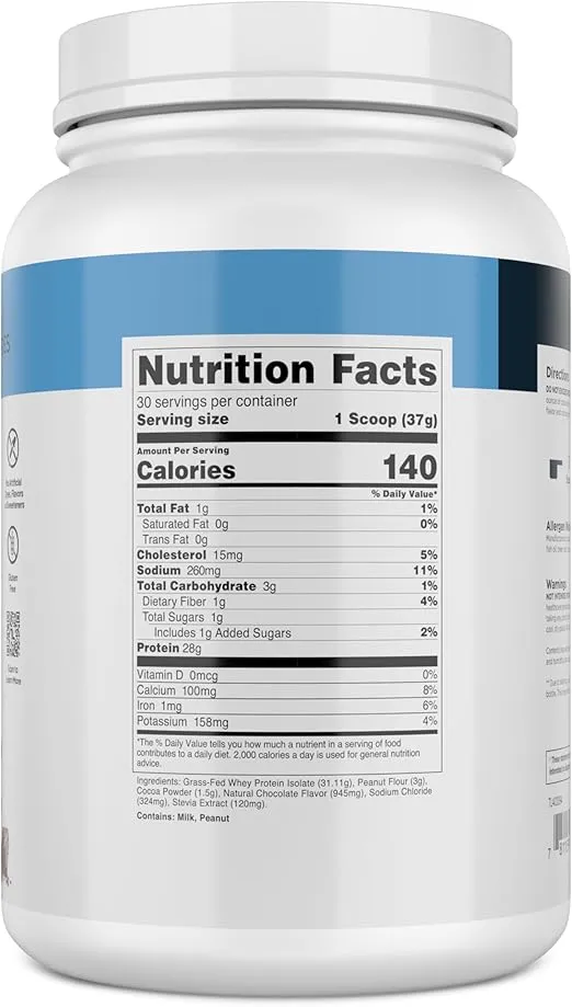 Transparent Labs Grass-Fed Whey Protein Isolate - Natural Flavor, Gluten Free Whey Protein Powder w/ 28g of Protein per Serving & 9 Essential Amino Acids - 30 Servings, Chocolate Peanut Butter