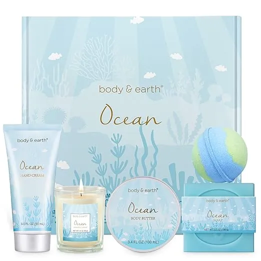 Gifts for Women, Bath and Body Gift Sets for Women with 5 Pcs Ocean Scented Spa Gifts for Women, Bath Gifts for Women with Scented Candle Body Butter Hand Cream Bath Bomb Womens Gifts for Christmas
