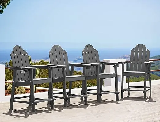 LUE BONA Tall Adirondack Chairs Set of 4, Recycled Poly Adirondack Chair Bar Stools with Cup Holder, 25.6", 300Lbs, Eco-Friendly, Weather Resistant Lifeguard Chair for Balcony,Deck
