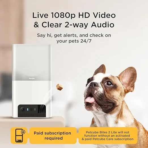 Petcube Bites 2 Lite and Care Coverage Subscription | Interactive WiFi Pet Monitoring Camera with Phone App and Treat Dispenser, 1080p HD Video, Night Vision, Sound and Motion Alerts