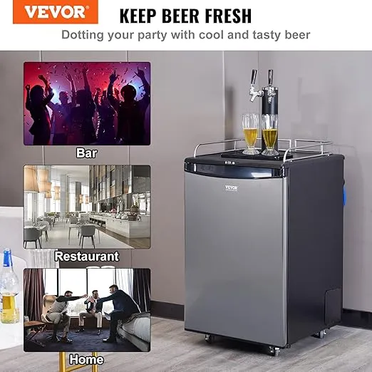 VEVOR Digital Beer Kegerator, Dual Tap Draft Beer Dispenser, Full Size Keg Refrigerator With Shelves, CO2 Cylinder, Drip Tray & Rail, 32°F- 75.2°F Temperature Control, 163L, Silver