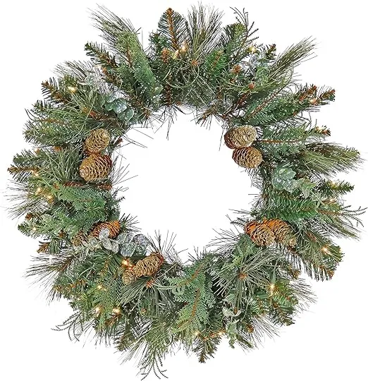 National Tree Company First Traditions Pre-Lit North Conway Christmas Wreath with Pinecones and Frost, Warm White LED Lights, Battery Powered, 24 in