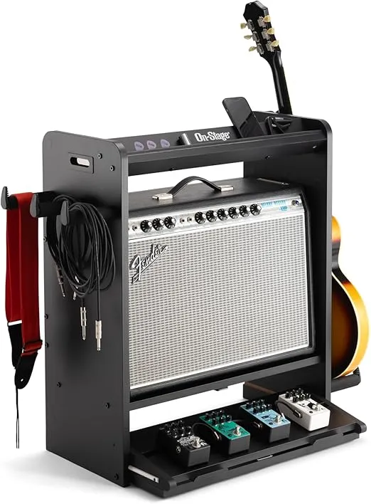 On-Stage GWS5000B Guitar Workstation (Amp Stand, Electric Guitar or Bass Stand, Cable and Strap Hanger, Pedalboard, Accessory Tray for Picks, Capos, and Tuners, Gear Shelving, Organizer, Black)
