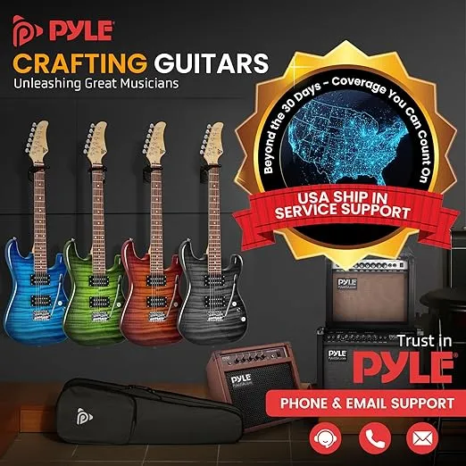 Pyle Electric Guitar Kit with Amp, Full Size Instrument with Humbucker Pickups, Guitarra Electrica Amplifier and Beginner Bundle Accessories, 39" Black