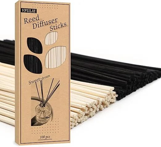 VFULIE 100PCS Reed Diffuser Sticks, 10 Inch Natural Rattan Wood Sticks Essential Oil Aroma Diffuser Sticks Refill Replacement for Aroma Fragrance (Black and White)