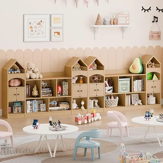 Vabches Castle Shape Children's Bookshelf, Kids Toy Storage Organizer Kids Bookcase Display Case Multifunctional Storage Cabinet Bookshelf Suitable for Playroom, Living Room, Children's Room, Oak