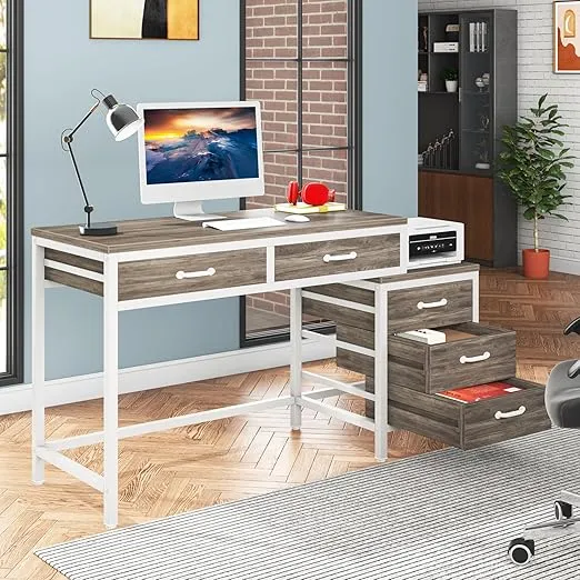 Tribesigns Computer Desk with 5 Drawers, Home Office Desks with Reversible Drawer Cabinet Printer Stand, Industrial PC Desk with Storage, Rustic Study Writing Table Workstation for Small Spaces, Gray