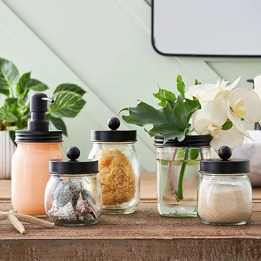 Mason Jar Bathroom Accessories Set – 5-Piece Bathroom Set with Toothbrush Holder, Soap Dispenser, Canister, and 2 Small Jars by Lavish Home (Black)