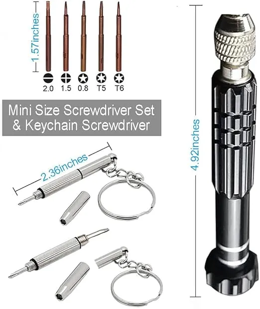 Eyeglass Repair Kit,5-in-1 Multifunctional Small Screwdriver(T6 Torx, T5, 1.5, -2.0, star0.8) & 3-in-1 Mini Keychain Screwdriver Kit for Cellphone, Glasses, Electronics, Watch, Laptop, Jewelry