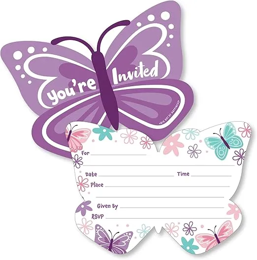 Big Dot of Happiness Beautiful Butterfly - Shaped Fill-In Invitations - Floral Baby Shower or Birthday Invitation Cards with Envelopes - Set of 12