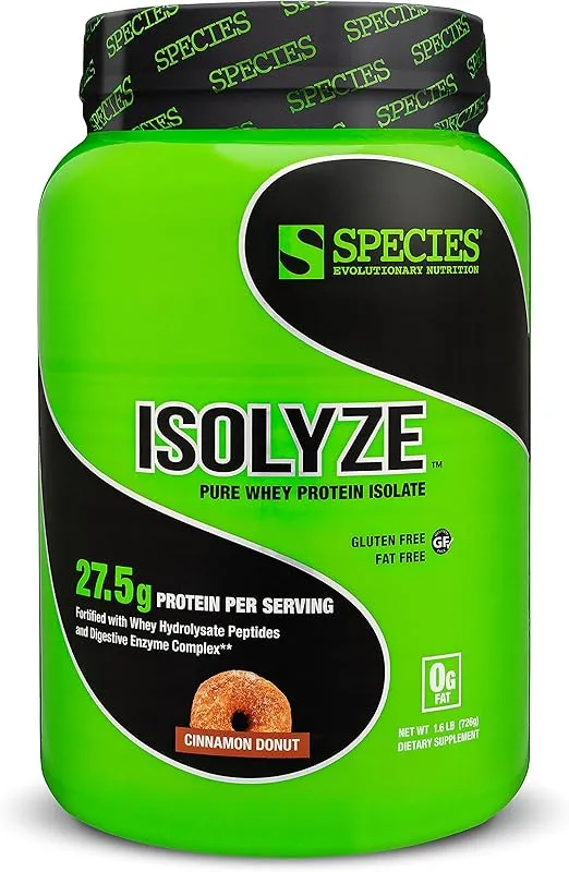 Species Nutrition Isolyze Whey Protein Powder, 100% Whey Isolate Protein, Whey Protein for Muscle Building, 27.5g Protein Per Scoop, No Sugar & Low Fat Protein (Cinnamon Donut, 22 Servings)