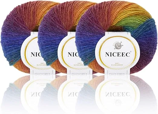 NICEEC 3 Skeins 100% Wool Rainbow Yarn Single Ply Yarn Soft Gradient Colorful Yarn Self-Striping Crochet Yarn for Knitting-11#