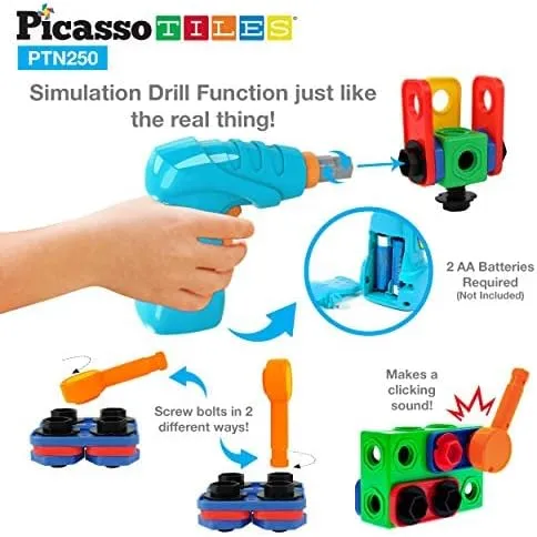 PicassoTiles STEM Learning Toys 250 Piece Building Block Kids Construction Engineering Kit Toy Blocks Children Early Education Playset w/Free IdeaBook, Power Drill, Clickable Ratchet, Age 3+ PTN250