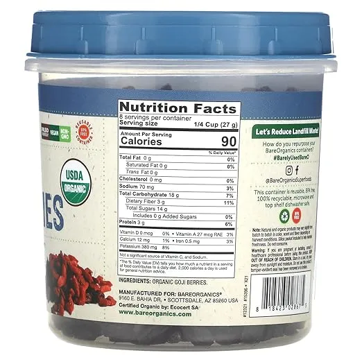 BareOrganics Sun Dried Goji Berries, Organic, Superfood, 8 Oz