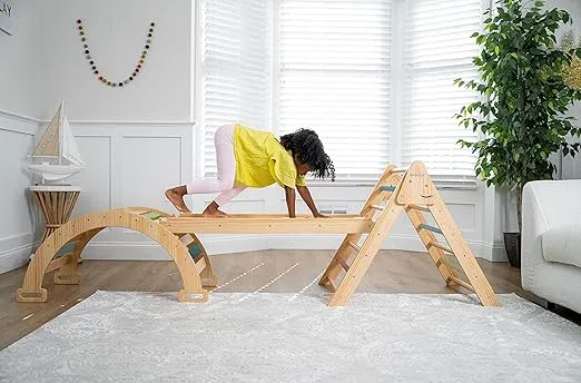 Avenlur Hazel 5-in-1 Indoor Climbing Gym - Waldorf and Montessori Climbing Set with Triangle Ladder, Climbing Ramp, Arch Climber, Rocker, and Slide - Montessori Toys for Children 18mo to 7yr (Colored)