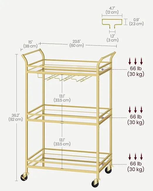 VASAGLE Bar Cart, Home Bar Serving Cart, Small Bar Cart with 3-Tier Shelf, Wine Holders, Glass Holders, Bar Cart for Small Spaces, Kitchen, Living Room, 15 x 23.6 x 36.2 Inches, Gold ULRC100A01