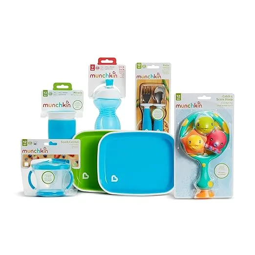 Munchkin® 1st Birthday Baby/Toddler Gift Set, Includes Sippy Cups, Plates, Feeding Utensils, Snack Catcher, Bath Toy and Teether, Blue