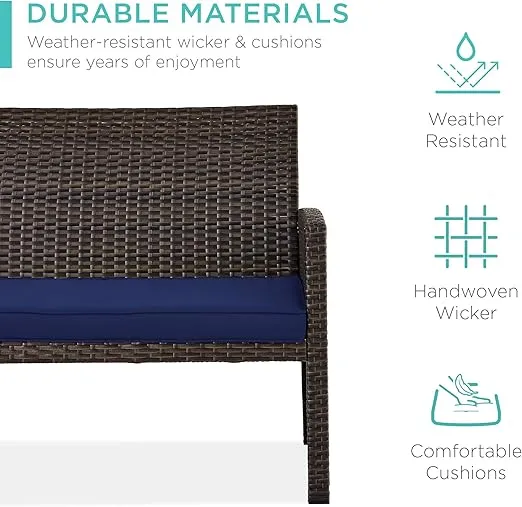 Best Choice Products 4-Piece Outdoor Wicker Patio Conversation Furniture Set for Backyard w/Coffee Table, Seat Cushions - Brown/Navy