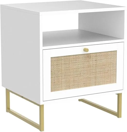 Nathan James Mina Rattan Wood End Side Accent Table Nightstand with Storage for Living Room or Bedroom, 1, White/Gold