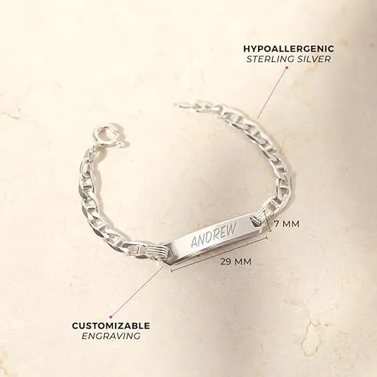 925 Sterling Silver Tag ID Identification Anchor Chain Link Bracelet For Boys & Girls - Custom Personalized Bracelet Gift Idea for Small Children - Classic Traditional Engravable Bracelet