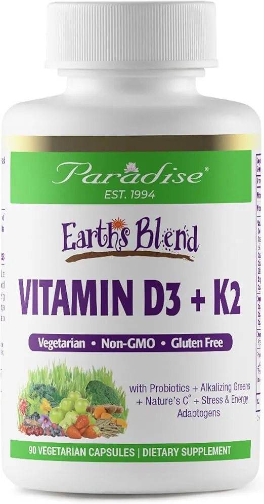 Paradise Herbs Earth's Blend Vitamin D3 + K2, Superfoods Base of Probiotics and Organic Alkalizing Greens, Veggies & Berries, 90 Vegetarian Capsules