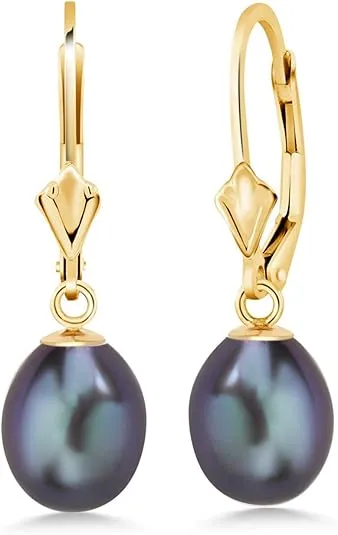 Gem Stone King 14K Yellow Gold 9MM Cultured Freshwater Pearl Dangle Earrings For Women