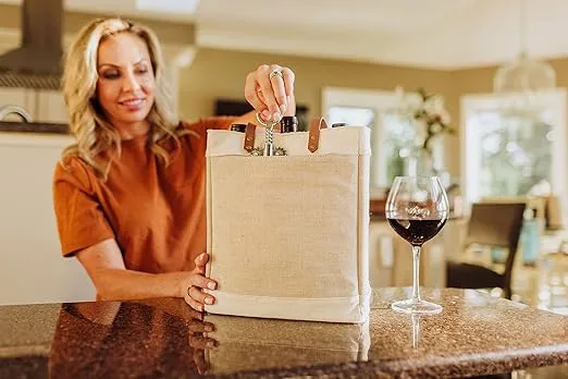LEGACY - a Picnic Time brand 3-Bottle Pinot Jute Insulated Wine Tote and Gift Bag, Beige
