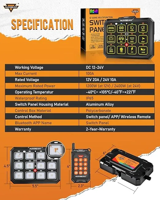 Auxbeam RGB 12 Gang Bluetooth Switch Panel AC-1200 w/165FT Long Range 433MHz Wireless Remote Control, Auto-Dimmable Switch Panel w/Toggle Momentary Pulsed, LED Switch Pod for Truck Car Boat Waterproof