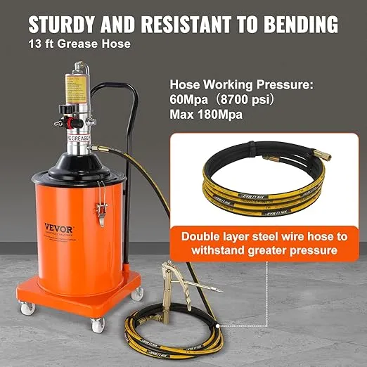 VEVOR Grease Pump, 5 Gallon Air Grease Pump with 13 ft High Pressure Hose and Grease Gun, 20L Pneumatic Grease Pump with Wheels, Portable Lubrication Grease Pump