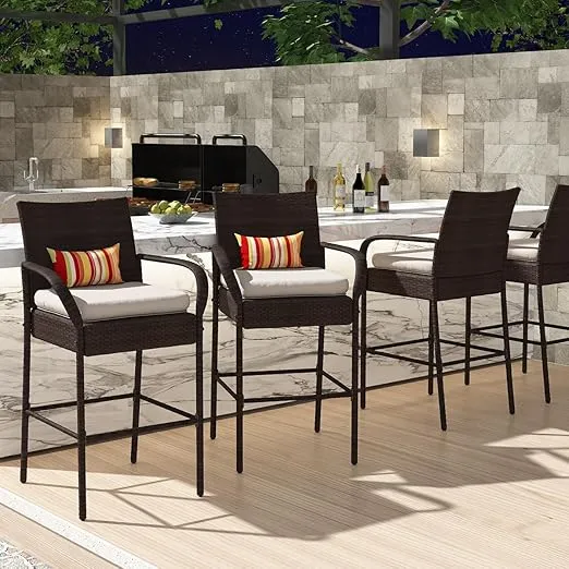 Sundale Outdoor Bar Stools Set of 2, 2 Piece Rattan Bar Stool Wicker Chairs, Patio Bar Height Chair with Arms, Cushion Beige, All-Weather Outdoor Rattan Furniture - Steel, Brown