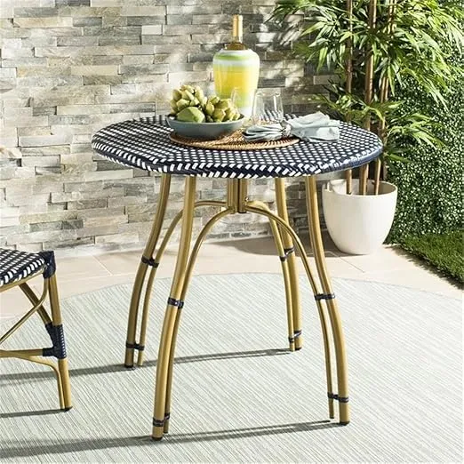 SAFAVIEH PAT4011A Outdoor Collection Kylie Navy and White Rattan Bistro Table