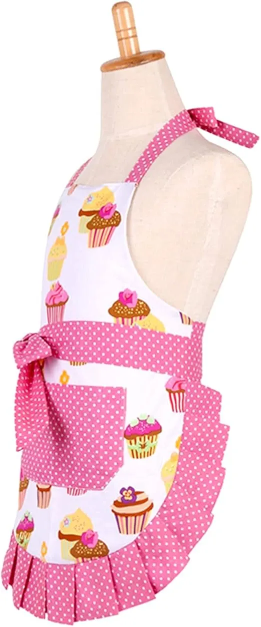 G2PLUS Cotton Aprons, Toddler Apron with Pocket, Cupcake Pattern Apron for Cooking, Baking, Xmas, Gardening (Pink)