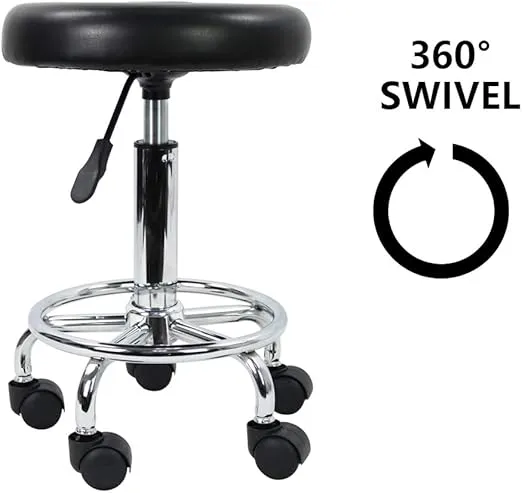 KKTONER PU Leather Modern Round Rolling Stool with Footrest Height Adjustable Spa Drafting Salon Tattoo Work Massage Stools Task Chair Small (Black)