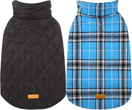 Kuoser Warm Dog Coat, Reversible Dog Jacket Waterproof Dog Winter Coat British Style Plaid Dog Clothes Pet Dog Cold Weather Coats Cozy Snow Jacket Vest for Small Medium Large Dogs Blue XS
