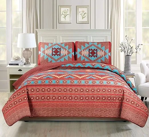 Western Southwestern Native American Quilt Set with Tribal Navajo Designs In Turquoise Red Orange Brown Bedspread Quilt Set (Queen 3 Pieces)