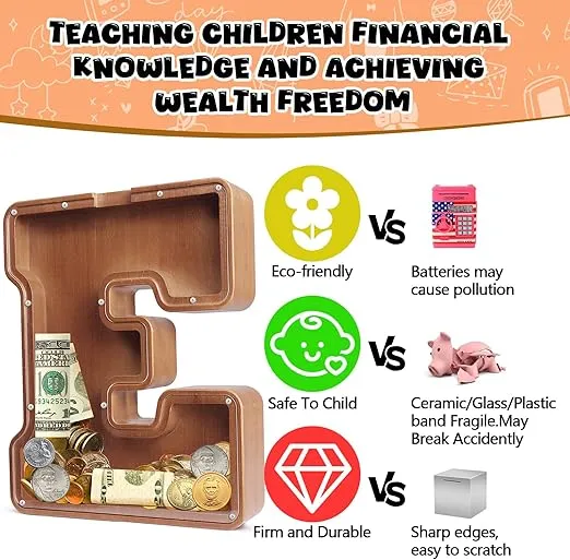 UBeesize 12in Extra Large Wooden Piggy Bank,Letter Piggy Bank for Boys Girls,Money Coin Bank for Kids,Christmas,Birthday,Children“s Gift and Home Office Decoration(F)