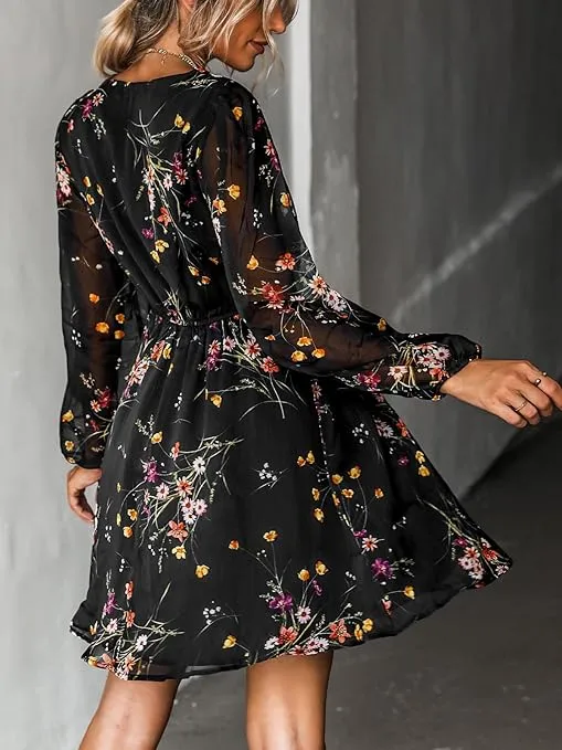 CUPSHE Fall Dresses for Women V Neck Chiffon A Line Mini Dress Long Peasant Sleeves Casual Dress