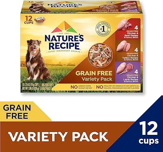 Nature’s Recipe Grain Free Chicken & Beef, Chicken & Turkey, Chicken & Lamb Wet Dog Food Variety Pack, 2.75 Ounce (Pack of 12)