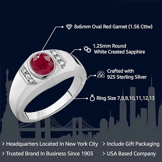 Gem Stone King 1.56 Cttw Red Garnet and White Created Sapphire Ring For Men In 925 Sterling Silver | Oval 8X6MM | Gemstone Birthstone | Available In Size 7, 8, 9, 10, 11, 12, 13