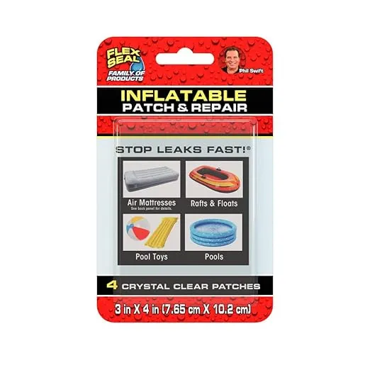 Flex Seal Inflatable Patch & Repair Kit, Use on Air Mattresses, Bounce Houses, Rafts and Floats, Pool Toys and Pools, Smooth PVC Plastic Surfaces - Kit Includes (4) Crystal Clear Patches