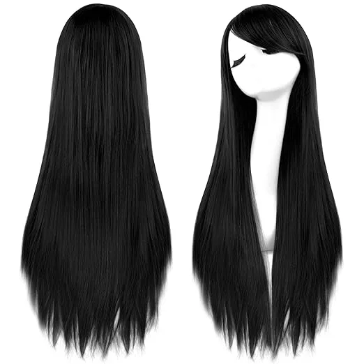 Black Long Straight Cosplay Wigs 80cm for Women Girls Halloween Party
