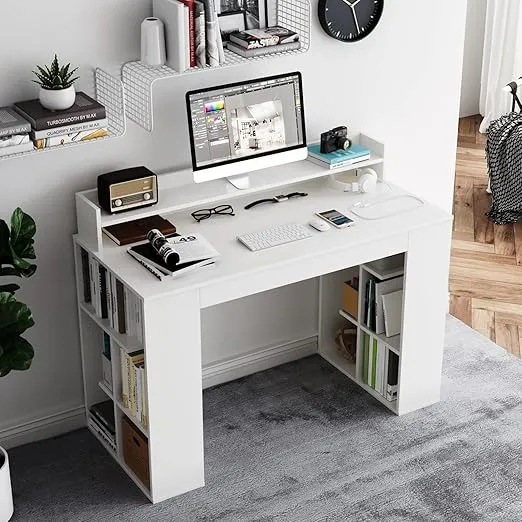 Tangkula 48” White Desk with Storage Bookshelf, Home Office Computer Desk with Dual 3 Tier Bookshelf & Monitor Shelf, Study Writing Desk with Anti-Tipping Kit, Executive Desk for Study & Bedroom