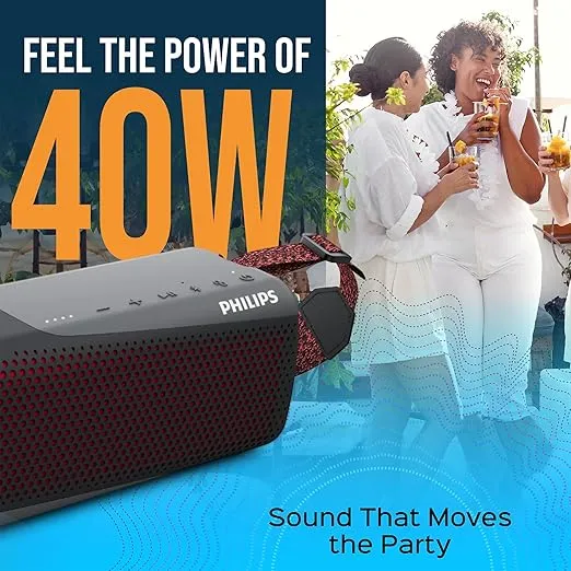 PHILIPS S7807 Wireless Bluetooth Speaker, 7000 Series - 40W Output, IP67 Waterproof, 24-Hour Playtime, Portable with Built-in Microphone, Voice Assistant, USB-C, and Power Bank, Black