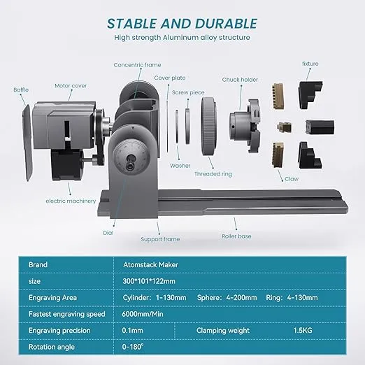 ATOMSTACK MAKER R1 Pro Chuck and Rotary Roller for Laser Engraver, 4-in-1 Laser Roller Rotary, 180° Adjustable Chuck with 3 Jaws for Engraving Rings, Spherical & Cylindrical Objects, Irregular Items