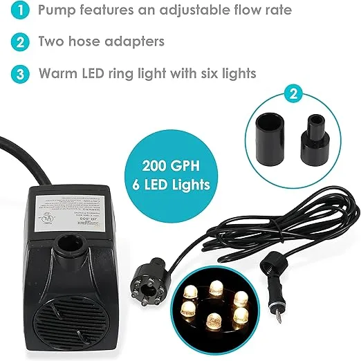 Sunnydaze 200 GPH Pump for Outdoor Fountains, Aquariums, or Bird Baths - White LED Light and Transformer - 12 Volts