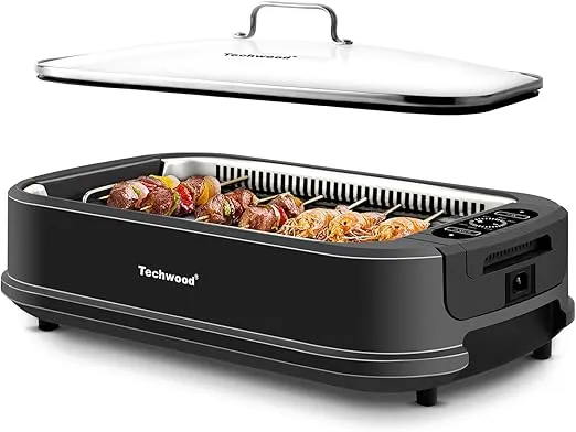 Techwood Indoor Smokeless Grill 1500W Electric Grill with Tempered Glass Lid, Compact & Portable Non-Stick BBQ Grill with Turbo Smoke Extractor Technology, LED Smart Control Panel, Black