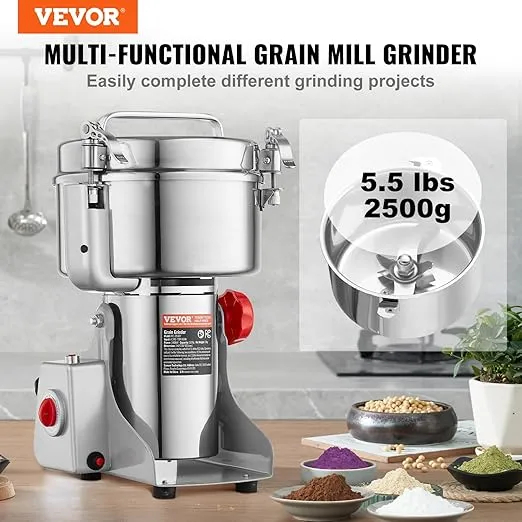 VEVOR 2000g Electric Grain Mill Grinder, High Speed 3400W Commercial Spice Grinders, Stainless Steel Pulverizer Powder Machine, for Dry Grains Spices Cereals Coffee Corn Pepper, Swing Type