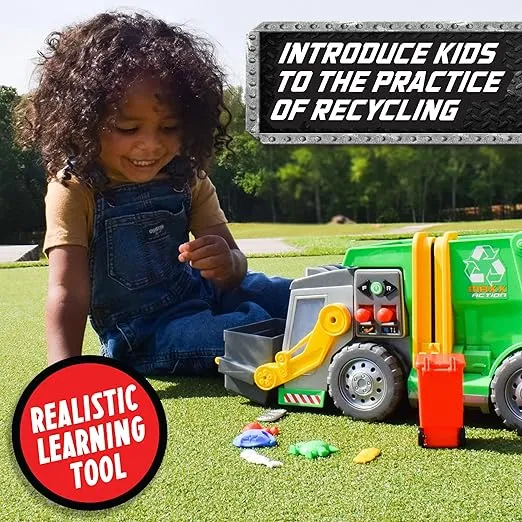 Large Friction Powered 19" Maxx Action Garbage Truck Toy Set with Lights and Sound Includes Dumpster, Trash Bin and Miniature Trash Pieces for Kids